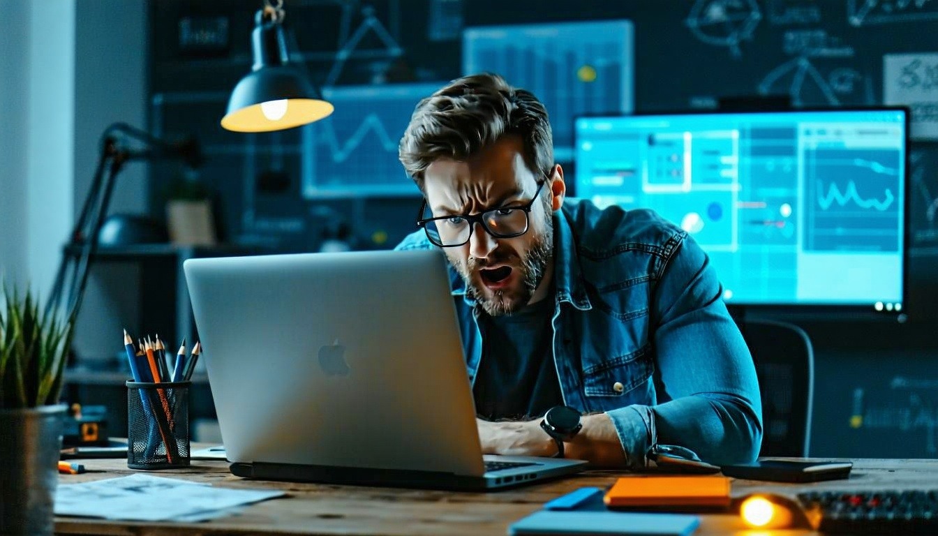 give me a realistic picture of a man in an office who is staying in front of a laptop and seeming annoyed ot like struggling with the chaos he is seeing on it he seems fed up of the crm-1