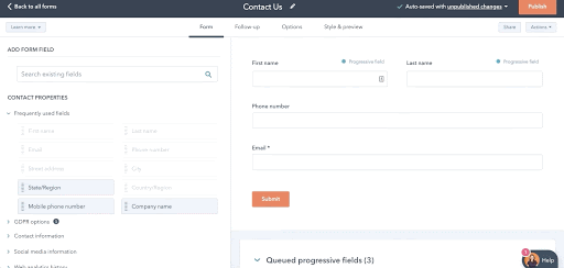 How do I setup progressive form fields in HubSpot?