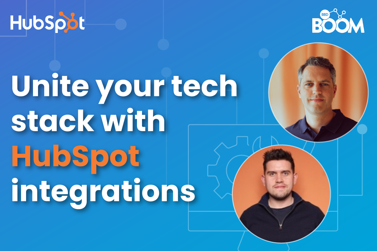 Image with text ' Unite your tech stack with HubSpot integrations' and an image of Adam Lewis, the host, and Jack Coldrick, guest and Senior Solutions Architect at HubSpot